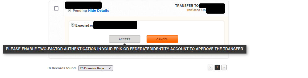 Epik Two-Factor Authentication required to approve transfer