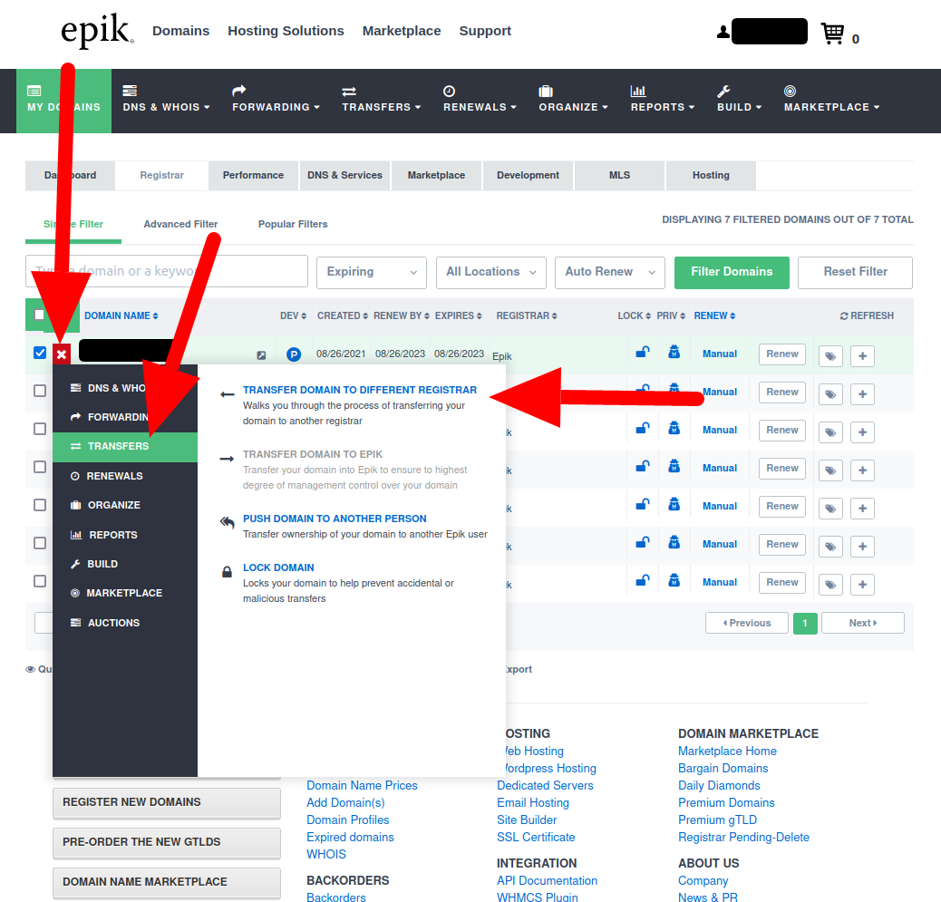 Epik transfer domain name out menu item