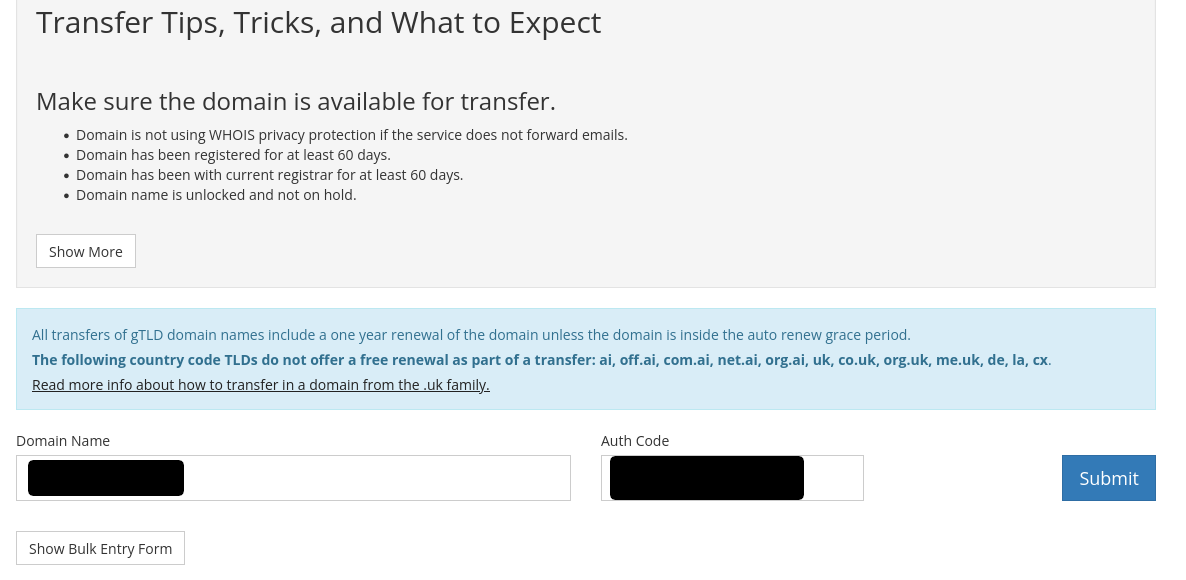 New Registrar Domain name transfer page